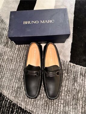 Bruno Marc Men’s Black Leather Slip-On Loafers with Bit Detail